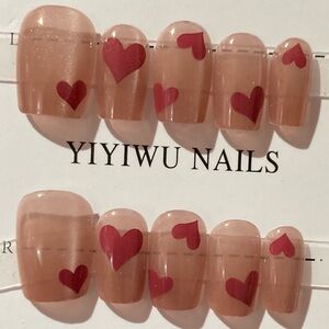 [XS] 💖💅 10Pcs Wearable Press on Nails Full Cover Champagne Short Sq Red Hearts 💕